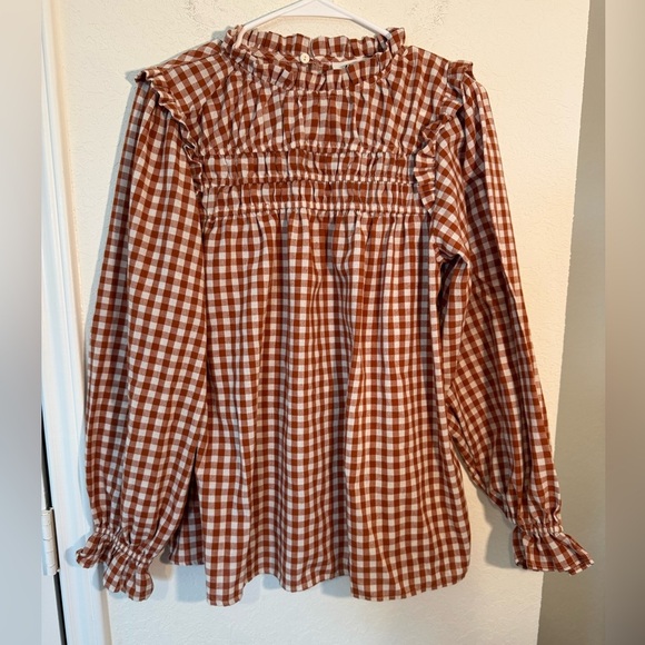 Haptics by Holly Harper Gingham Top Rust Autumn Smocking Adorable Size Small - Picture 1 of 9